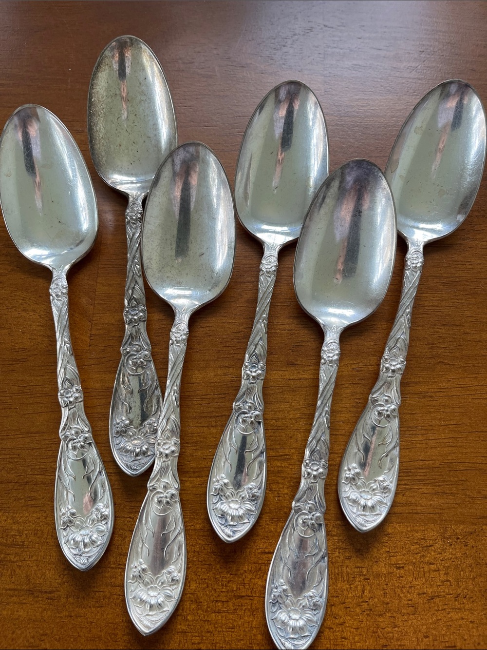 Oxford Silver Floral-Handled Dessert Spoons - Set of 6 silver plate